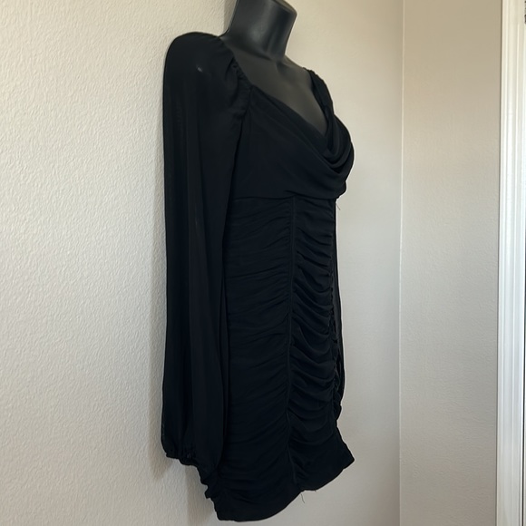 Princess Polly Everly Black Sheer Balloon Sleeve Ruched Cowl Neck Mini Dress - Picture 6 of 11